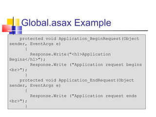 Global.asax Example
    protected void Application_BeginRequest(Object
sender, EventArgs e)
      {
        Response.Write("<h1>Application
Begins</h1>");
        Response.Write ("Application request begins
<br>");
      }
    protected void Application_EndRequest(Object
sender, EventArgs e)
      {
        Response.Write ("Application request ends
<br>");
      }
 