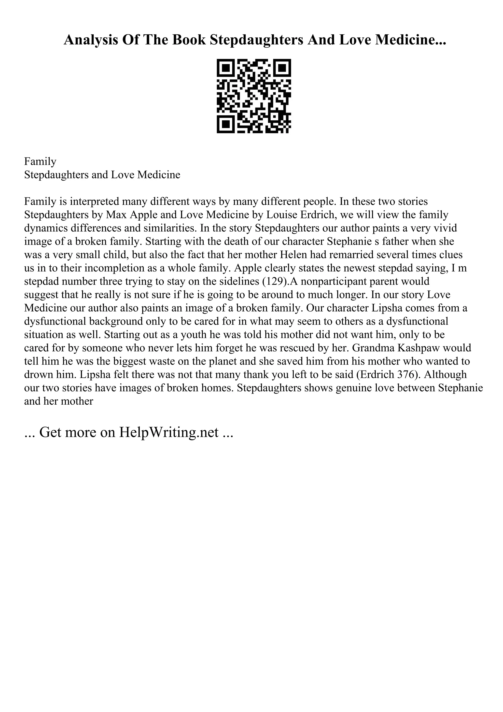 Analysis Of The Book Stepdaughters And Love Medicine...
Family
Stepdaughters and Love Medicine
Family is interpreted many different ways by many different people. In these two stories
Stepdaughters by Max Apple and Love Medicine by Louise Erdrich, we will view the family
dynamics differences and similarities. In the story Stepdaughters our author paints a very vivid
image of a broken family. Starting with the death of our character Stephanie s father when she
was a very small child, but also the fact that her mother Helen had remarried several times clues
us in to their incompletion as a whole family. Apple clearly states the newest stepdad saying, I m
stepdad number three trying to stay on the sidelines (129).A nonparticipant parent would
suggest that he really is not sure if he is going to be around to much longer. In our story Love
Medicine our author also paints an image of a broken family. Our character Lipsha comes from a
dysfunctional background only to be cared for in what may seem to others as a dysfunctional
situation as well. Starting out as a youth he was told his mother did not want him, only to be
cared for by someone who never lets him forget he was rescued by her. Grandma Kashpaw would
tell him he was the biggest waste on the planet and she saved him from his mother who wanted to
drown him. Lipsha felt there was not that many thank you left to be said (Erdrich 376). Although
our two stories have images of broken homes. Stepdaughters shows genuine love between Stephanie
and her mother
... Get more on HelpWriting.net ...
 