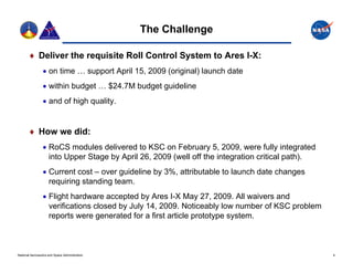 The Challenge

        Deliver the requisite Roll Control System to Ares I-X:
                  on time … support April 15, 2009 (original) launch date
                  within budget … $24 7M budget guideline
                                   $24.7M
                  and of high quality.


        How we did:
                  RoCS modules delivered to KSC on February 5, 2009, were fully integrated
                   into U
                   i    Upper S
                              Stage b A il 26 2009 ( ll off the i
                                    by April 26,   (well ff h integration critical path).
                                                                      i     ii l      h)
                  Current cost – over guideline by 3%, attributable to launch date changes
                   requiring standing team.
                  Flight hardware accepted by Ares I-X May 27, 2009. All waivers and
                   verifications closed by July 14, 2009. Noticeably low number of KSC problem
                   reports were generated for a first article prototype system.



National Aeronautics and Space Administration                                                    4
 