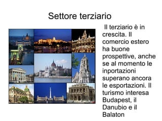 Settore terziario
Il terziario è in
crescita. Il
comercio estero
ha buone
prospettive, anche
se al momento le
inportazioni
superano ancora
le esportazioni. Il
turismo interesa
Budapest, il
Danubio e il
Balaton
 