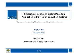 Philosophical Insights in System Modelling
                        : Application to the Field of Innovation Systems

                  Key words: system dynamics, philosophy, mental model, regional innovation system




                                               UngKyu Han
                                             Dr. Martin Kunc


                                               5th April 2011
                              YOR Conference, Nottingham University




                                                     (1/16)                                          UKHan
System Dynamics                                                                                      UngKyu Han
 