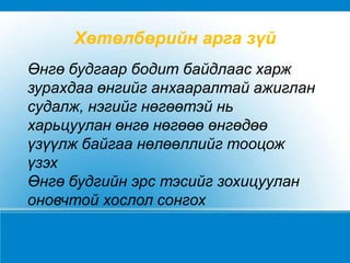 Хөтөлбөрийн интеграциЗорилгоӨнгийн тухай мэдлэг эзэмшиж, дулаан хүйтэн ба эсрэг өнгийн зохицлыг зөв шийдэж зурна