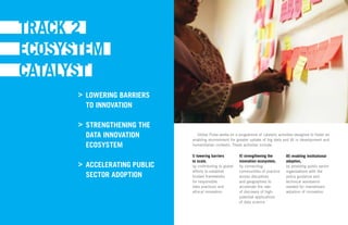 Global Pulse works on a programme of catalytic activities designed to foster an
enabling environment for greater uptake of big data and AI in development and
humanitarian contexts. These activities include:
I) lowering barriers
to scale,
by contributing to global
efforts to establish
trusted frameworks
for responsible
data practices and
ethical innovation
II) strengthening the
innovation ecosystem,
by connecting
communities of practice
across disciplines
and geographies to
accelerate the rate
of discovery of high-
potential applications
of data science
III) enabling institutional
adoption,
by providing public sector
organizations with the
policy guidance and
technical assistance
needed for mainstream
adoption of innovation
LOWERING BARRIERS
TO INNOVATION
STRENGTHENING THE
DATA INNOVATION
ECOSYSTEM
ACCELERATING PUBLIC
SECTOR ADOPTION
>
>
>
 