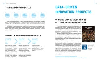 16 17TRACK 1 – INNOVATION DRIVER
In spite of policy and media attention and increased search and
rescue efforts, the death toll in the Mediterranean has continued to
rise. Global Pulse worked with the UN High Commissioner for Ref-
ugees (UNHCR) on a project that analyzed new big data sources to
provide a better understanding of the context of search and rescue
operations in the central Mediterranean.
The project used vessel location data (AIS) to determine the route
of rescue ships from Italy and Malta to rescue zones and back, and
combined it with broadcast warning data of distress calls from ships
stranded at sea. The insights were used to construct narratives of
individual rescues and gain a better understanding of collective rescue
activities in the region.
This method provides a comprehensive and quantitative picture
of rescue efforts that can complement current methods of data col-
lection that tend to focus on the most dramatic or severe incidents.
The analysis could be applied to similar events by using predictive
modeling, real-time rescue monitoring and logistics optimization.
The project was featured in the International Organization for
Migration (IOM)’s 2017 global report Fatal Journeys, which identifies
opportunities to improve data collection and data analysis for more
accurate and timely information on missing migrants. Global Pulse
also designed an interactive visualization that shows the magnitude
of rescue operations in the Mediterranean and provides easy access
to the analysis.
http://rescuesignatures.unglobalpulse.net/mediterranean/
https://publications.iom.int/system/files/pdf/fatal_journeys_volume_3_part_1.pdf
THE DATA INNOVATION CYCLE
Global Pulse works with partners to identify sustainable development and humanitarian challenges
that can be addressed through analysis of new data sources. Projects are designed to discover practical
uses of big data, AI, and other emerging technologies to address policy barriers and prototype technology
tools and solutions.
The framework for joint innovation moves through a cycle of consultations, project design and part-
nership engagement to secure data, tools and expertise, followed by a period of investigation and pro-
totyping. Finally, Global Pulse and partners evaluate and share the findings, methodologies, successes
and failures both internally and publicly.
1.
Identify
problem
2.
Discover
method
3.
Build
prototype
4.
Test
approach
5.
Share
findings
PHASES OF A DATA INNOVATION PROJECT
Based on an initial problem
statement provided by partners,
confirm availability of relevant
data sources and adequate
signal strength within that
data. Consult with partners to
understand user requirements
and co-design a simple proof-
of-concept. Ensure availability
of data, tools and expertise
needed to initiate the project.
Work with partners to build
and test analytical software
tools (e.g., dashboards, mobile
applications) to solve the
problem identified in Phase
1. Support partners in piloting
tool prototype within existing
programme. Continuously gather
feedback to make improvements
to quality and design.
Publish results and
methodological paper. Ensure
wide dissemination of lessons
learned and develop plan to
scale up.
PHASEPHASE
Prototype
and
Pilot
Explore
and
Design
PHASE
Communicate
and Share
Findings
DATA–DRIVEN
INNOVATION PROJECTS
USING BIG DATA TO STUDY RESCUE
PATTERNS IN THE MEDITERRANEAN
PHASE
Communicate
and Share
Findings
 