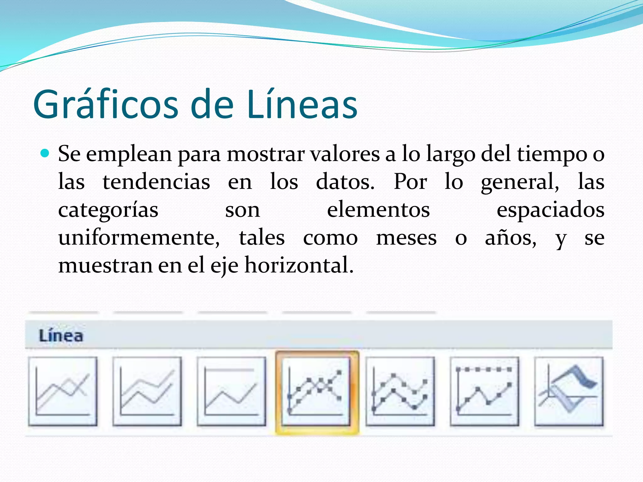 Gráficos de Líneas
 Se emplean para mostrar valores a lo largo del tiempo o
 las tendencias en los datos. Por lo general, las
 categorías       son       elementos espaciados
 uniformemente, tales como meses o años, y se
 muestran en el eje horizontal.
 