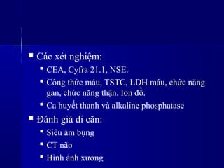  Các xét nghiệm:
 CEA, Cyfra 21.1, NSE.
 Công thức máu, TSTC, LDH máu, chức năng
gan, chức năng thận. Ion đồ.
 Ca huyết thanh và alkaline phosphatase
 Đánh giá di căn:
 Siêu âm bụng
 CT não
 Hình ảnh xương
 