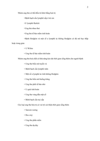 2
Nhóm ung thư có thể điều trị khỏi bằng hoá trị
+Bệnh bạch cầu lymphô cấp ở trẻ em
+U lymphô Burkitt
+Ung thư nhau thai
+Ung thư tế bào mầm tinh hoàn
+Bệnh Hodgkin và một số u lymphô ác không Hodgkin có độ mô học thấp
hoặc trung gian
+ U Wilms
+ Ung thư tế bào mầm tinh hoàn
Nhóm ung thư hoá chất có khả năng kéo dài thời gian sống thêm cho người bệnh
+ Ung thư biểu mô tuyến vú
+ Bệnh bạch cầu lymphô mãn
+ Một số u lymphô ác tính không Hodgkin
+ Ung thư biểu mô buồng trứng
+ Ung thư phổi tế bào nhỏ
+ U quái tinh hoàn
+ Ung thư vùng đầu mặt cổ
+ Bênh bạch cầu tuỷ cấp
Các loại ung thư hóa trị có vai trò cải thiện thời gian sống thêm
+ Sarcom xương
+ Đa u tuỷ
+ Ung thư phần mềm
+ Ung thư dạ dày

 