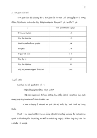 5
3. Thời gian nhân đôi
Thời gian nhân đôi của ung thư là thời gian cần cho một khối u tăng gấp đôi số lượng
tế bào. Nghiên cứu invitro cho thấy thời gian này dao động từ 15 giờ cho đến 72 giờ.
U

Thời gian nhân đôi (ngày)

U lymphô Burkitt

1.0

Ung thư nhau thai

1.5

Bệnh bạch cầu cấp thể lymphô

3-4

Hodgkin

3-4

U quái tinh hoàn

5-6

Ung thư vú

60

Ung thư đại tràng

80

Ung thư phổi không phải tế bào nhỏ

100

4. Khối u lớn
Làm hạn chế kết quả hoá trị bởi vì:
- Một số lượng lớn tế bào ở thời kỳ G0
- Hệ mao mạch nuôi dưỡng u không đồng nhất, một số vùng thiếu máu nuôi
dưỡng hoặc hoại tử nên thuốc hoá chất khó vào.
- Một số lượng tế bào đòi hỏi phải điều trị nhiều đợt, hình thành sự kháng
thuốc.
Chính vì các nguyên nhân trên, nên trong một số trường hợp như ung thư buồng trứng
người ta tiến hành phẫu thuật công phá khối u (debulking surgery) để làm tăng nhạy cảm của
u còn lại với hoá trị.

 