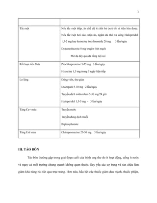 3

Tắc ruột

Nếu tắc ruột thấp, ăn chế độ ít chất bả (xơ) tốt và tiêu hóa được.
Nếu tắc ruột hơi cao, nhịn ăn, ngậm đá nhỏ và uống Haloperidol
1,5-5 mg hay hyoscine butylbromide 20 mg

3 lần/ngày

Dexamethazone 8 mg truyền tĩnh mạch
Mở dạ dày qua da bằng nội soi
Rối loạn tiền đình

Prochlorperazine 5-25 mg 3 lần/ngày
Hyoscine 1,5 mg trong 3 ngày liên tiếp

Lo lắng

Động viên, thư giản
Diazepam 5-10 mg 2 lần/ngày
Truyền dịch midazolam 5-50 mg/24 giờ
Haloperidol 1,5-5 mg - 3 lần/ngày

Tăng Ca+ máu

Truyền nước
Truyền dung dịch muối
Biphosphonate

Tăng Urê máu

Chlorpromazine 25-50 mg 3 lần/ngày

III. TÁO BÓN
Táo bón thường gặp trong giai đoạn cuối của bệnh ung thư do ít hoạt động, uống ít nước
và ngay cả môi trường chung quanh không quen thuộc. Suy yếu các cơ bụng và sàn chậu làm
giảm khả năng bài tiết qua trực tràng. Hơn nữa, hầu hết các thuốc giảm đau mạnh, thuốc phiện,

 