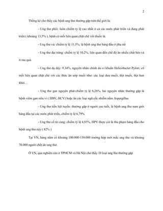 2
Thống kê cho thấy các bệnh ung thư thường gặp trên thế giới là:
- Ung thư phổi: luôn chiếm tỷ lệ cao nhất ở cả các nước phát triển và đang phát
triển ( khoảng 13,5% ), bệnh có mối liên quan chặt chẽ với thuốc lá.
- Ung thư vú: chiếm tỷ lệ 11,5%, là bệnh ung thư hàng đầu ở phụ nữ
- Ung thư đại tràng: chiếm tỷ lệ 10,2%, liên quan đến chế độ ăn nhiều chất béo và
ít rau quả.
- Ung thư dạ dày: 9,34%, nguyên nhân chính do vi khuẩn Helicobacter Pylori, có
mối liên quan chặt chẻ với các thức ăn ướp muối như: các loại dưa muối, thịt muối, thịt hun
khói…
- Ung thư gan nguyên phát:chiếm tỷ lệ 6,26%, hai nguyên nhân thường gặp là
bệnh viêm gan siêu vi ( HBV, HCV) hoặc ăn các loại ngũ cốc nhiễm nấm Aspergillus
- Ung thư tiền liệt tuyến: thường gặp ở người cao tuổi, là bệnh ung thư nam giới
hàng đầu tại các nước phát triển, chiếm tỷ lệ 6,79%
- Ung thư cổ tử cung: chiếm tỷ lệ 4,93%, HPV được coi là thủ phạm hàng đầu cho
bệnh ung thư này ( 82% )
Tại VN, hàng năm có khoảng 100.000-150.000 trường hợp mới mắc ung thư và khoảng
70.000 người chết do ung thư.
Ở VN, qua nghiên cứu ở TPHCM và Hà Nội cho thấy 10 loại ung thư thường gặp

 