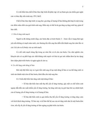 5
Cơ chế điều hòa chết tế bào theo lập trình rất phức tạp với sự tham gia của nhiều gen ngăn
cản và thúc đẩy tiến trình này: P53, Bcl2.
Chết tế bào theo lập trình và ung thư: gia tăng số lượng tế bào không phù hợp là một trong
các điểm mấu chốt của quá trình sinh ung. Điều này có thể là do gia tăng sự tăng sinh hay giảm tế
bào chết.
3. Yếu tố tăng sinh mạch
Người ta đã chứng minh rằng: các bướu đặc có kích thước 2 – 3mm vẫn ở trạng thái ngủ
yên nếu không có mạch máu nuôi, các thương tổn tiền ung thư diễn tiến thành ung thư xâm lấn và
các ổ di căn xa lệ thuộc vào sự sinh mạch.
Cơ chế sinh mạch trùng lấp trong sự xâm lấn và di căn của bướu. Các nhà nghiên cứu
khuyên nên có sự phối hợp các chất kháng sinh mạch với hóa trị qui ước nhằm đem lại tác dụng
làm chậm phát triển bướu và ngăn ngừa di căn xa.
4. Cơ chế tăng sinh dòng tế bào
Khi một đột biến xảy ra ở gen tiền sinh ung sẽ tạo một dòng tế bào có ưu thế tăng sinh và
sinh sản thành một clon tế bào bướu, khởi đầu cho một ung thư.
Có 3 kiểu đột biến làm tăng sinh một dòng tế bào:
+ Tế bào đột biến làm mất thụ thể yếu tố tăng trưởng: gây mất cơ chế kiểm soát
ngược dẫn đến sản xuất nhiều yếu tố tăng trưởng. Sự tăng sinh này tự giới hạn bởi sự chênh lệch
của số lượng yếu tố tăng trưởng và số lượng tế bào.
+ Tế bào đột biến sinh ra quá nhiều thụ thể yếu tố tăng trưởng và tăng nhạy cảm
với kích thích tăng trưởng. Tế bào này và tế bào thế hệ sau của nó tăng sinh như là một bướu đơn
clon, nếu lấy đi yếu tố tăng trưởng sẽ làm ngừng sự phát triển của bướu.

 