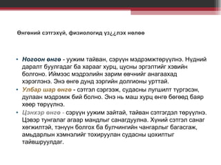 Өнгөний сэтгэхүй, физиологид үз¿¿лэх нөлөө

• Ногоон өнгө - уужим тайван, сэрүүн мэдрэмжтөрүүлнэ. Нүдний
даралт буулгадаг ба харааг хурц, цусны эргэлтийг хэвийн
болгоно. Иймээс мэдрэлийн зарим өвчнийг анагаахад
хэрэглэнэ. Энэ өнгө дунд зэргийн долгионы урттай.
• Улбар шар өнгө - сэтгэл сэргээж, судасны лугшилт түргэсэн,
дулаан мэдрэмж бий болно. Энэ нь маш хурц өнгө бөгөөд баяр
хөөр төрүүлнэ.
• Цэнхэр өнгө - сэрүүн уужим зайтай, тайван сэтгэгдэл төрүүлнэ.
Цэвэр тунгалаг агаар мандлыг санагдуулна. Хүний сэтгэл санаг
хөгжилтэй, тэнүүн болгох ба булчингийн чангарлыг багасгаж,
амьдарлын хэмнэлийг тохируулан судасны цохилтыг
тайвшруулдаг.

 