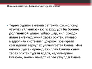 Өнгөний сэтгэхүй, физиологид үз¿¿лэх нөлөө

• Төрөл бүрийн өнгөний сэтгэхүй, физиологид
үзүүлэх үйлчилгээнээс үзэхэд урт ба богино
долгионтой улаан, улбар шар, нил, хондон
ягаан өнгөнүүд хүний харах эрхтэн, улмаар
мэдрэлийн системийг цочроох, зовиуртай
сэтгэгдлийг төрүүлэх үйлчилгээтэй байна. Ийм
өнгөөр будсан өрөөнд ажиллаж байгаа хүний
харах эрхтэн түргэн ядарч, хөдөлмөрийн
бүтээмж, ажлын чанарт нөлөө үзүүлдэг байна.

 