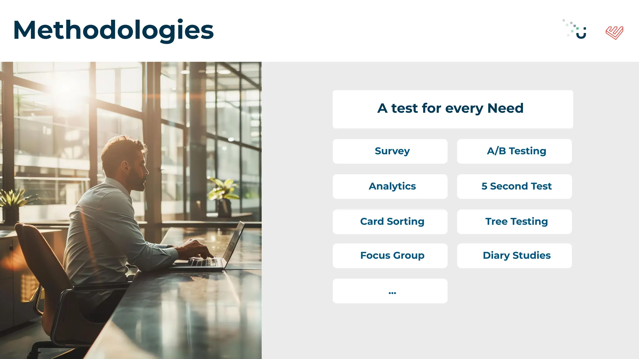 Methodologies
A test for every Need
Survey A/B Testing
Analytics 5 Second Test
Card Sorting Tree Testing
Focus Group Diary Studies
…
 