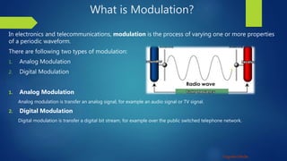 Unguided Media
What is Modulation?
In electronics and telecommunications, modulation is the process of varying one or more properties
of a periodic waveform.
There are following two types of modulation:
1. Analog Modulation
2. Digital Modulation
1. Analog Modulation
Analog modulation is transfer an analog signal, for example an audio signal or TV signal.
2. Digital Modulation
Digital modulation is transfer a digital bit stream, for example over the public switched telephone network.
 