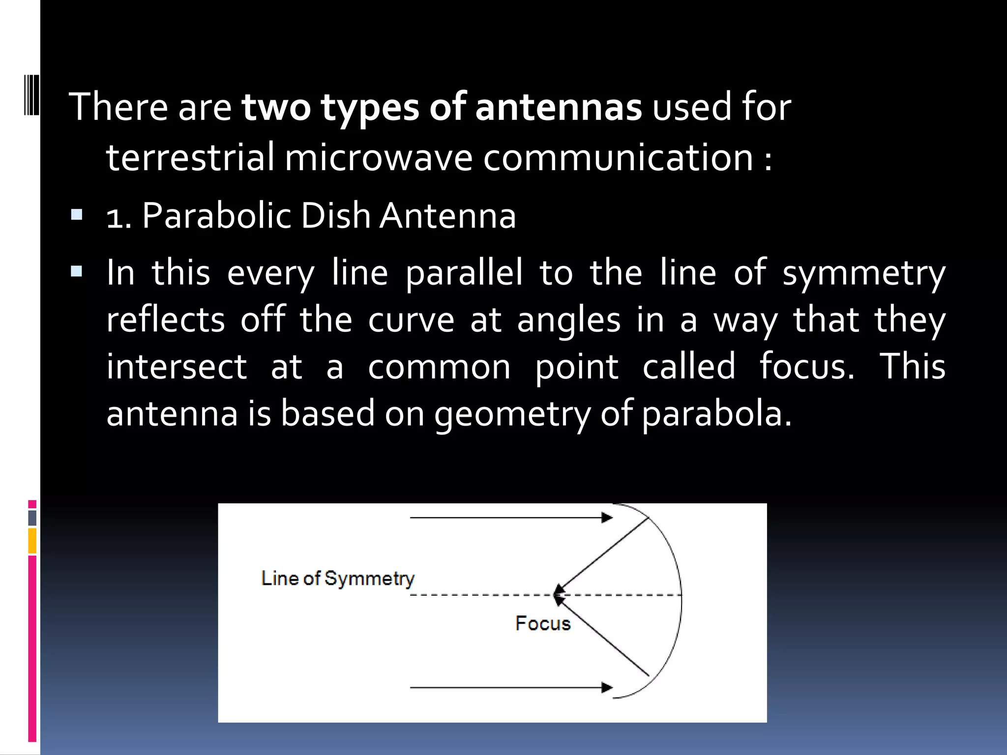 There are two types of antennas used for
terrestrial microwave communication :
 1. Parabolic Dish Antenna
 In this every line parallel to the line of symmetry
reflects off the curve at angles in a way that they
intersect at a common point called focus. This
antenna is based on geometry of parabola.
 