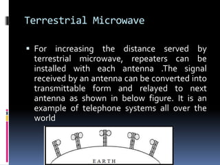 Terrestrial Microwave
 For increasing the distance served by
terrestrial microwave, repeaters can be
installed with each antenna .The signal
received by an antenna can be converted into
transmittable form and relayed to next
antenna as shown in below figure. It is an
example of telephone systems all over the
world
 