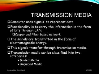 TRANSMISSION MEDIA
Computer uses signals to represent data.
Functionality is to carry the information in the form
of bits through LAN.
Copper and Fiber based network
The signals are transmitted in the form of
electromagnetic energy.
This signals transfer through transmission media.
Transmission media can be classified into two
categories:
Guided Media
Unguided Media
6/7/2020Presented by : Kiran Khanal
2
 