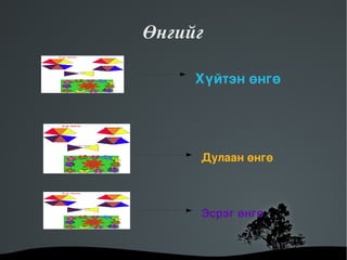 Өнгийг

             Хүйтэн өнгө




             Дулаан өнгө



             Эсрэг өнгө


     
 