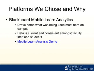 Platforms We Chose and Why
• Blackboard Mobile Learn Analytics
    • Drove home what was being used most here on
      campus
    • Data is current and consistent amongst faculty,
      staff and students
    • Mobile Learn Analysis Demo
 