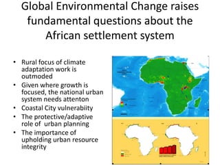 Global Environmental Change raises
fundamental questions about the
African settlement system
• Rural focus of climate
adaptation work is
outmoded
• Given where growth is
focused, the national urban
system needs attenton
• Coastal City vulnerabiity
• The protective/adaptive
role of urban planning
• The importance of
upholding urban resource
integrity

 
