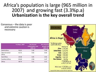 Africa’s population is large (965 million in
2007) and growing fast (3.3%p.a)
Urbanization is the key overall trend

Consensus – the data is poor
and extreme caution is
necessary

 