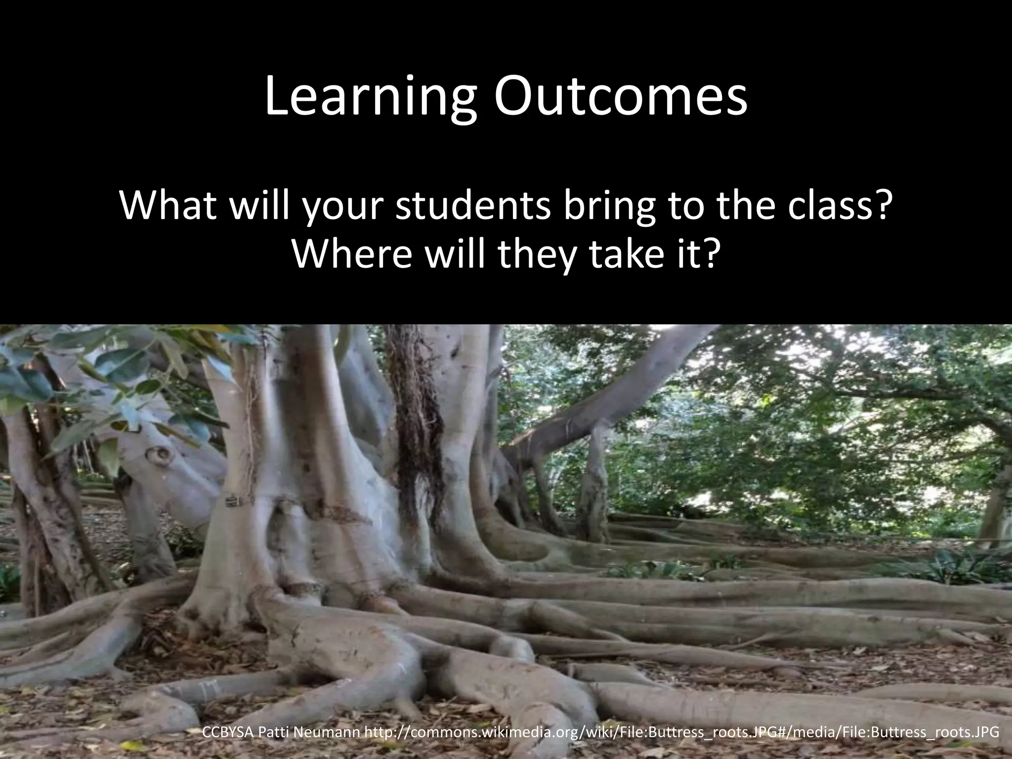 Learning Outcomes
What will your students bring to the class?
Where will they take it?
CCBYSA Patti Neumann http://commons.wikimedia.org/wiki/File:Buttress_roots.JPG#/media/File:Buttress_roots.JPG
 
