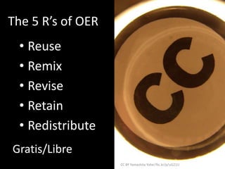 The 5 R’s of OER
• Reuse
• Remix
• Revise
• Retain
• Redistribute
Gratis/Libre
CC BY Yamashita Yohei flic.kr/p/uG21U
 