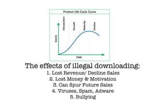 The effects of illegal downloading:
      1. Lost Revenue/ Decline Sales!
       2. Lost Money  Motivation!
         3. Can Spur Future Sales!
         4. Viruses, Spam, Adware!
                 5. Bullying!
 