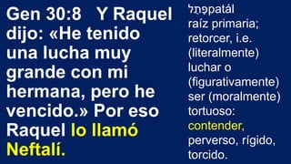 Gen 30:8 Y Raquel
dijo: «He tenido
una lucha muy
grande con mi
hermana, pero he
vencido.» Por eso
Raquel lo llamó
Neftalí.
‫ל‬ ַ‫ת‬ָ‫פ‬patál
raíz primaria;
retorcer, i.e.
(literalmente)
luchar o
(figurativamente)
ser (moralmente)
tortuoso:
contender,
perverso, rígido,
torcido.
 