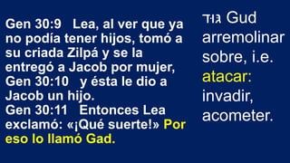 Gen 30:9 Lea, al ver que ya
no podía tener hijos, tomó a
su criada Zilpá y se la
entregó a Jacob por mujer,
Gen 30:10 y ésta le dio a
Jacob un hijo.
Gen 30:11 Entonces Lea
exclamó: «¡Qué suerte!» Por
eso lo llamó Gad.
‫ּגּוד‬ Gud
arremolinar
sobre, i.e.
atacar:
invadir,
acometer.
 