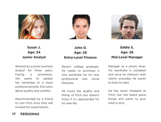 Susan J.
Age: 24
Junior Analyst
Worked as a junior business
analyst for three years.
Facing a promotion,
she wants to update
her wardrobe to a more
professional style. She cares
about quality and comfort.
Recommended by a friend
to visit Fitch since they will
exceed her expectations.
John D.
Age: 29
Entry-Level Finance
Recent college graduate.
He needs to purchase a
new wardrobe for his new
professional and social
lifestyles.
He trusts the quality and
fitting of Fitch but doesn’t
know if it’s appropriate for
his new life.
Eddie S.
Age: 26
Mid-Level Manager
Manager at a photo shop.
His wardrobe is outdated
and since he interacts with
clients everyday he wants
to look his best.
He has never shopped at
Fitch, but has heard good
things and wants to give
them a shot.
17 PERSONAS
 