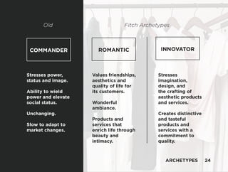 Stresses power,
status and image.
Ability to wield
power and elevate
social status.
Unchanging.
Slow to adapt to
market changes.
Values friendships,
aesthetics and
quality of life for
its customers.
Wonderful
ambiance.
Products and
services that
enrich life through
beauty and
intimacy.
Stresses
imagination,
design, and
the crafting of
aesthetic products
and services.
Creates distinctive
and tasteful
products and
services with a
commitment to
quality.
COMMANDER ROMANTIC INNOVATOR
Old Fitch Archetypes
ARCHETYPES 24
 