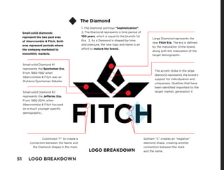 Cutomized “F” to create a
connection between the Name and
the Diamond shapes in the mark.
Gotham “C” creates an “negative”
diamond shape, creating another
connection between the mark
and the name.
Small-solid Diamond #1
represents the Sportsman Era.
From 1892-1992 when
Abercrombie & Fitch was an
Outdoor/Sportsman Retailer.
Small-solid Diamond #2
represents the Jefferies Era.
From 1992-2014, when
Abercrombie & Fitch focused
on a much younger speciﬁc
demographic..
Small-solid diamonds
represent the two past eras
of Abercrombie & Fitch. Both
eras represent periods where
the company marketed to
monolithic markets.
Large Diamond represents the
new Fitch Era. The era is deﬁned
by the maturation of the brand,
along with the maturation of the
target demographic.
The accent stoke in the large
diamond represents the brand’s
support for individualism and
uniqueness. Qualities that have
been identiﬁed important to the
target market, generation Y.
1. The Diamond portrays “Sophistication”.
2. The Diamond represents a time period of
100 years, which is equal to the brand’s 1st
Era. 3. As a Diamond is shaped by time
and pressure, the new logo and name is an
effort to mature the brand.
LOGO BREAKDOWN
The Diamond
51 LOGO BREAKDOWN
 