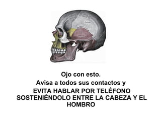 Ojo con esto.
     Avisa a todos sus contactos y
    EVITA HABLAR POR TELÉFONO
SOSTENIÉNDOLO ENTRE LA CABEZA Y EL
               HOMBRO
 