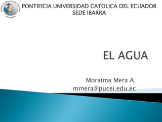 EL AGUA,[object Object],PONTIFICIA UNIVERSIDAD CATOLICA DEL ECUADORSEDE IBARRA,[object Object],Moraima Mera A.,[object Object],mmera@pucei.edu.ec,[object Object]