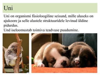 Uni Uni on organismi füsioloogiline seisund, mille aluseks on ajukoore ja selle alustele struktuuridele levinud üldine pidurdus. Und iseloomustab toimiva teadvuse puudumine. 