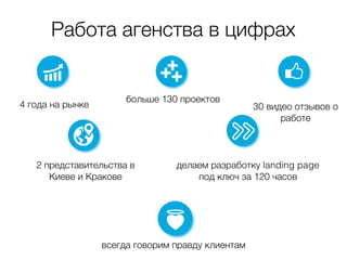 Работа агенства в цифрах
больше 130 проектов
30 видео отзывов о
работе
4 года на рынке
делаем разработку landing page
под ключ за 120 часов
2 представительства в
Киеве и Кракове
всегда говорим правду клиентам
 