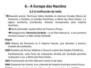 6.- A Europa das Nacións
6.2 A Unificación de Italia
Situación previa: Península Itálica dividida en diversos Estados (Reino de
Piemonte e Sardeña, os Estados Pontificios, o Reino das Dúas Sicilias...) e
algúns territorios (Lombardía, Véneto) incorporados polo Imperio
Austríaco.
Factor favorable: axuda militar de Francia e Prusia.
Protagonismo: Piemonte-Sardeña – o rei Vítor Manuel II, o seu primeiro
ministro Cavour e o líder militar Garibaldi
Etapas:
1859 Alianza do Piemonte co II Imperio francés, que derrotan a Austria.
Anexión de Lombardía.
1860 Anexións de Parma, Módena e Toscana e parte dos Estados Pontificios.
Paralelamente, unha forza de voluntarios dirixida por Garibaldi permitiu
conquistar o sur, o Reino das Dúas Sicilias.
1861 Proclamación de Vítor Manuel II como rei de Italia
1866 Ocupación do Véneto, tras a derrota do Imperio Austríaco contra Prusia.
 