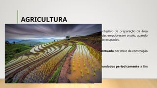 AGRICULTURA
• Existem três formas de agricultura de subsistência:
I. Itinerante: caracteriza-se pela queima da vegetação com objetivo de preparação da área
para o cultivo. Apesar de já ser baixa, uma vez que as queimadas empobrecem o solo, quando
a produção cai, essa vegetação é abandonada e novas áreas são ocupadas.
II. Terraceamento: prática realizada em área de declividade acentuada por meio da construção
de degraus no terreno, o que minimiza processos erosivos.
III. Jardinagem: cultivo agrícola realizado em solos que são inundados periodicamente a fim
de renovar a fertilidade da vegetação.
 