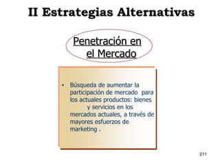 II Estrategias Alternativas Búsqueda de aumentar la participación de mercado  para los actuales productos: bienes  y servicios en los mercados actuales, a través de mayores esfuerzos de marketing . Penetración en el Mercado 