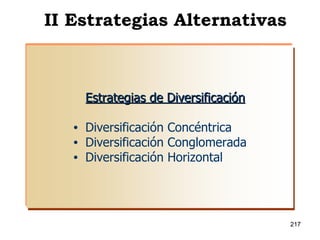 Estrategias de Diversificación Diversificación Concéntrica Diversificación Conglomerada Diversificación Horizontal II Estrategias Alternativas 