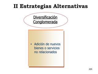 Adición de nuevos bienes o servicios no relacionados Diversificación Conglomerada II Estrategias Alternativas 
