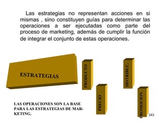 Las estrategias no representan acciones en si mismas , sino constituyen guías para determinar las operaciones a ser ejecutadas como parte del proceso de marketing, además de cumplir la función de integrar el conjunto de estas operaciones . ESTRATEGIAS PRODUCTO PRECIO DISTRIBUC . PROMOCION LAS OPERACIONES SON LA BASE PARA LAS ESTRATEGIAS DE MAR- KETING. 