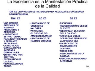 La Excelencia es la Manifestación Práctica de la Calidad TQM  ES UN PROCESO ESTRATEGICO PARA ALCANZAR LA EXCELENCIA ORGANIZACIONAL TQM   ES UNA MANERA SISTEMICA DE MEJORAR PRODUCTOS Y SERVICIOS. UN ENFOQUE ESTRUCTURADO PARA IDENTIFICADOR Y RESOLVER PROBLEMAS. LARGO PLAZO MANEJADO POR ACCIONES GERENCIALES. SOPORTADO POR CONTROL ESTADISTICO DE CALIDAD. PRACTICADO POR TODOS. CO   ES UN CONJUNTO DE CREENCIAS VALORES ACTITUDES FILOSOFIAS DEL AMBIENTE HUMANO UN CONJUNTO DE HABITOS COMUNES EO   ES ESCUCHAR REQUERIMIENTOS DE LOS CLIENTES. IDENTIFICAR EL COSTO DE LA CALIDAD. HACER LAS COSAS CORRECTAS BIEN DESDE LA RPIMERA VEZ. UN PROCESO DE MEJORAMIENTO CONTINUO TODOS SON RESPONSABLES DE LA CALIDAD. DEMOSTRAR LIDERAZGO EJECUTIVO 