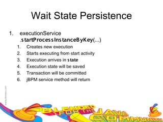 Wait State Persistence
1.    executionService
      .s tartProces s Ins tanceB yK ey(...)
     1.   Creates new execution
     2.   Starts executing from start activity
     3.   Execution arrives in s tate
     4.   Execution state will be saved
     5.   Transaction will be committed
     6.   jBPM service method will return
 