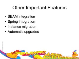 Other Important Features
•   SEAM integration
•   Spring integration
•   Instance migration
•   Automatic upgrades
 