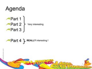 Agenda
 Part 1
 Part 2   Very interesting

 Part 3

 Part 4   REALLY interesting !




                                 3
 