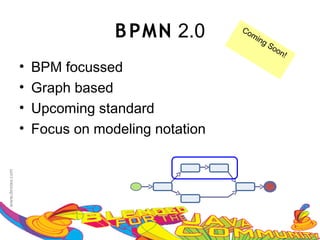 B PMN 2.0        Co
                                   mi
                                     ng
                                        So
                                           on
                                             !
•   BPM focussed
•   Graph based
•   Upcoming standard
•   Focus on modeling notation
 