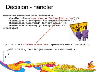 Decision - handler
<decision name="evaluate document">
    <handler class="org.jbpm.xx.ContentEvaluation" />
    <transition name="good" to="submit document" />
    <transition name="bad" to="try again" />
    <transition name="ugly" to="give up" />
</decision>




 public class ContentEvaluation implements DecisionHandler {

     public String decide(OpenExecution execution) {
       ...
     }
 }



                                                        69
 